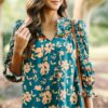 Just For Me Teal Green Floral Blouse